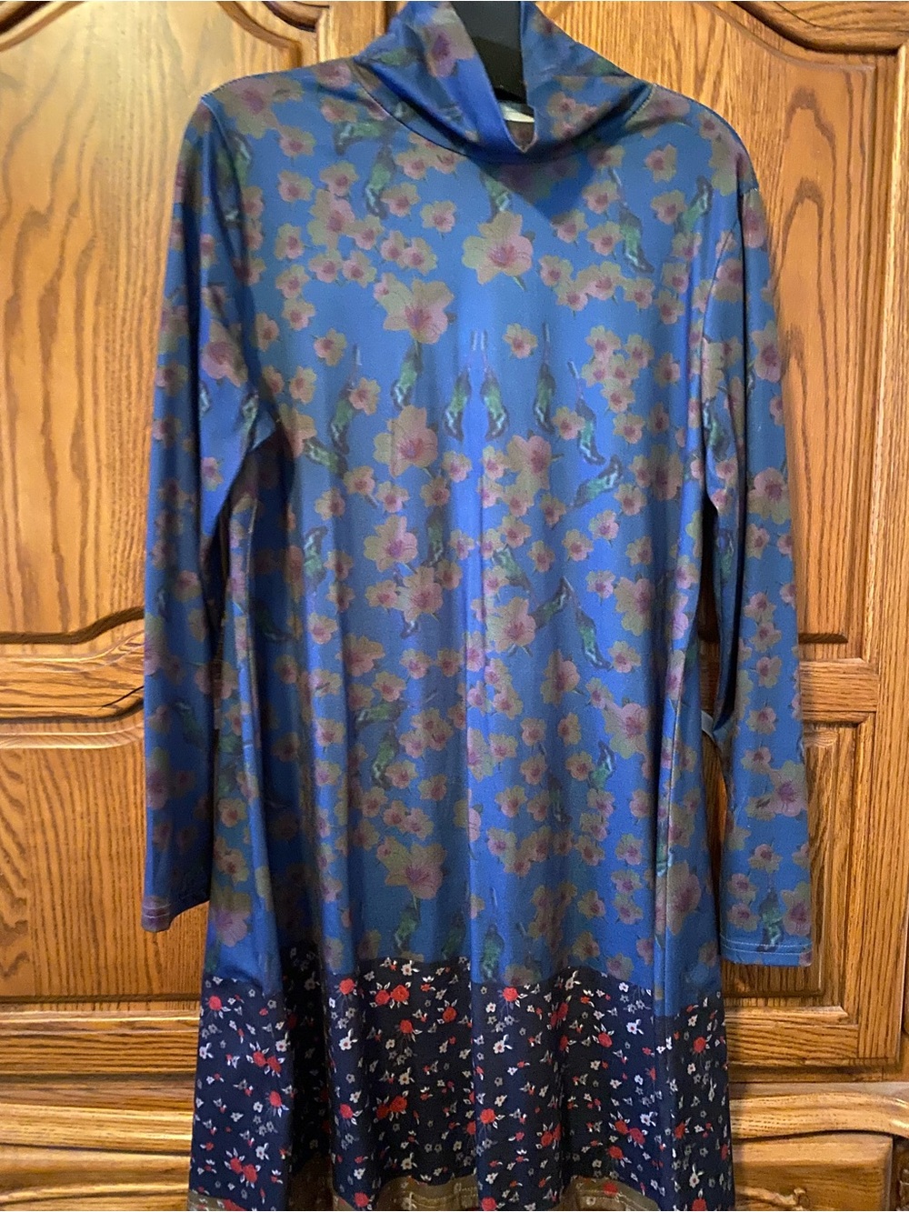 Blue Floral Long Sleeve Tunic Dress, XL